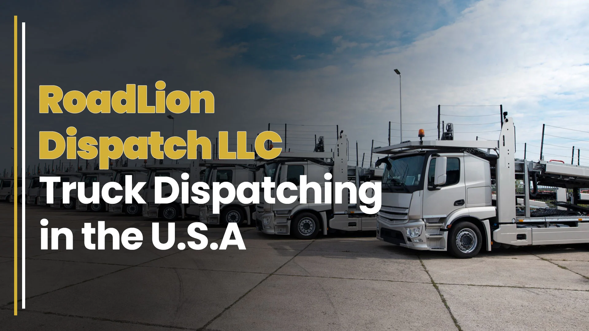 Dispatcher sitting at a desk with headset, managing truck routes on a computer, accompanied by icons of a truck, map, and checklist, promoting RoadLion Dispatch LLC's 24/7 truck dispatching services.